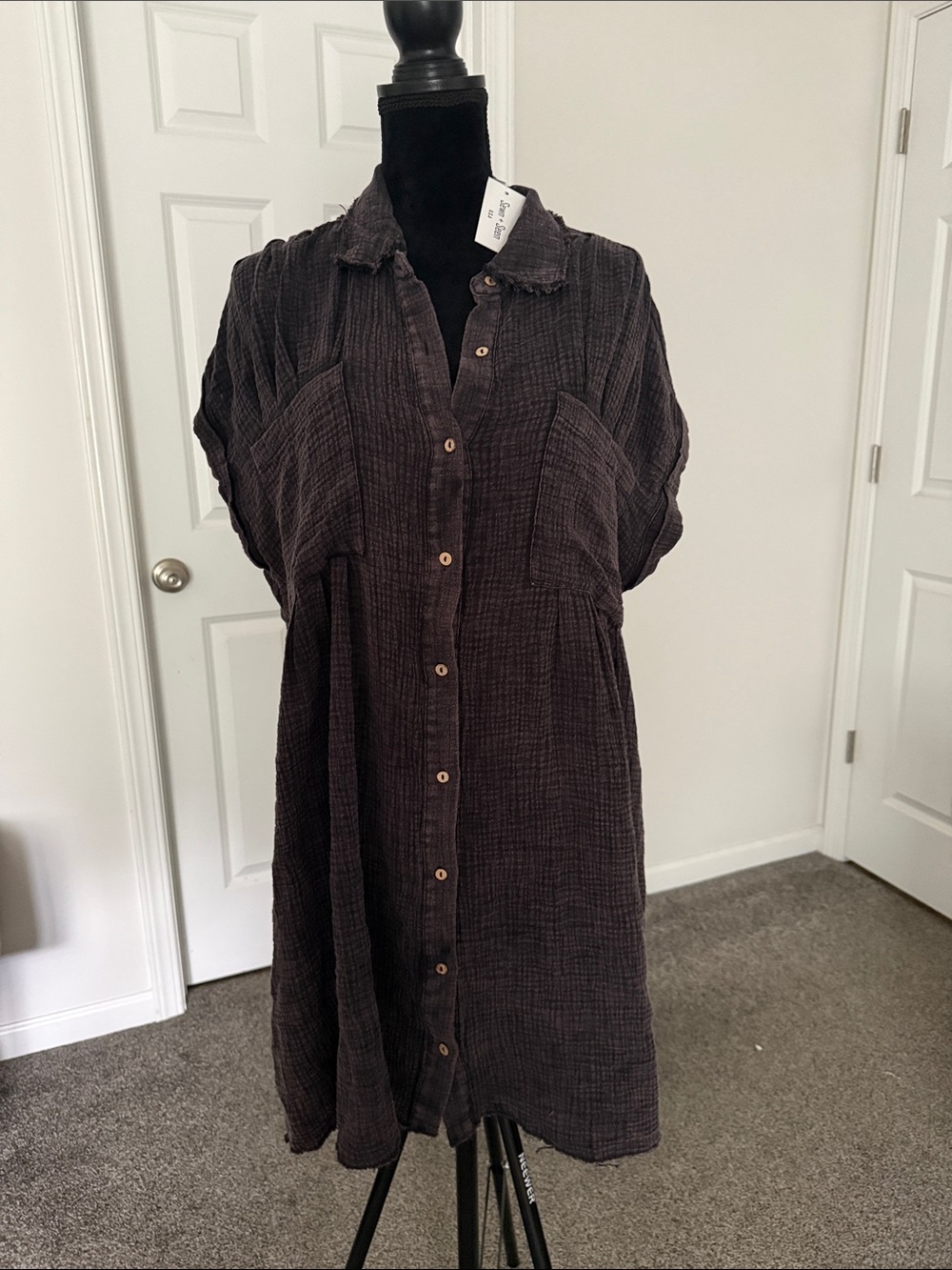 Button-Front Cotton Gauze Tunic Dress - Dark Charcoal